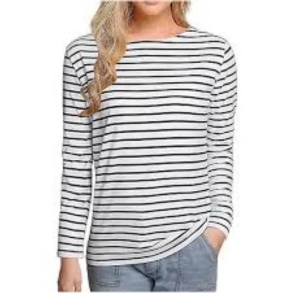 Untuckit Leoville Size M T-Shirt Top Black/White Stripe Long Sleeve MEDIUM
